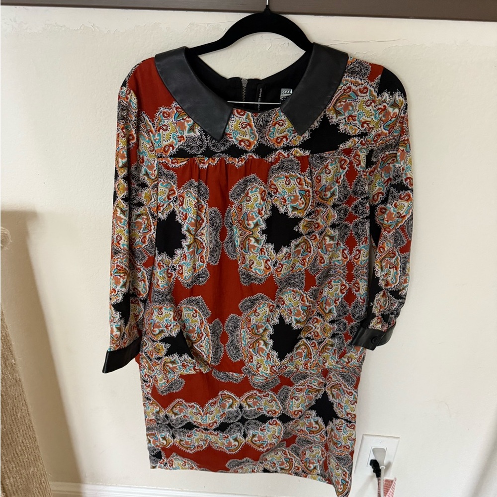 Walter Baker Rust Paisley Mini Dress with Black Faux Leather Collar